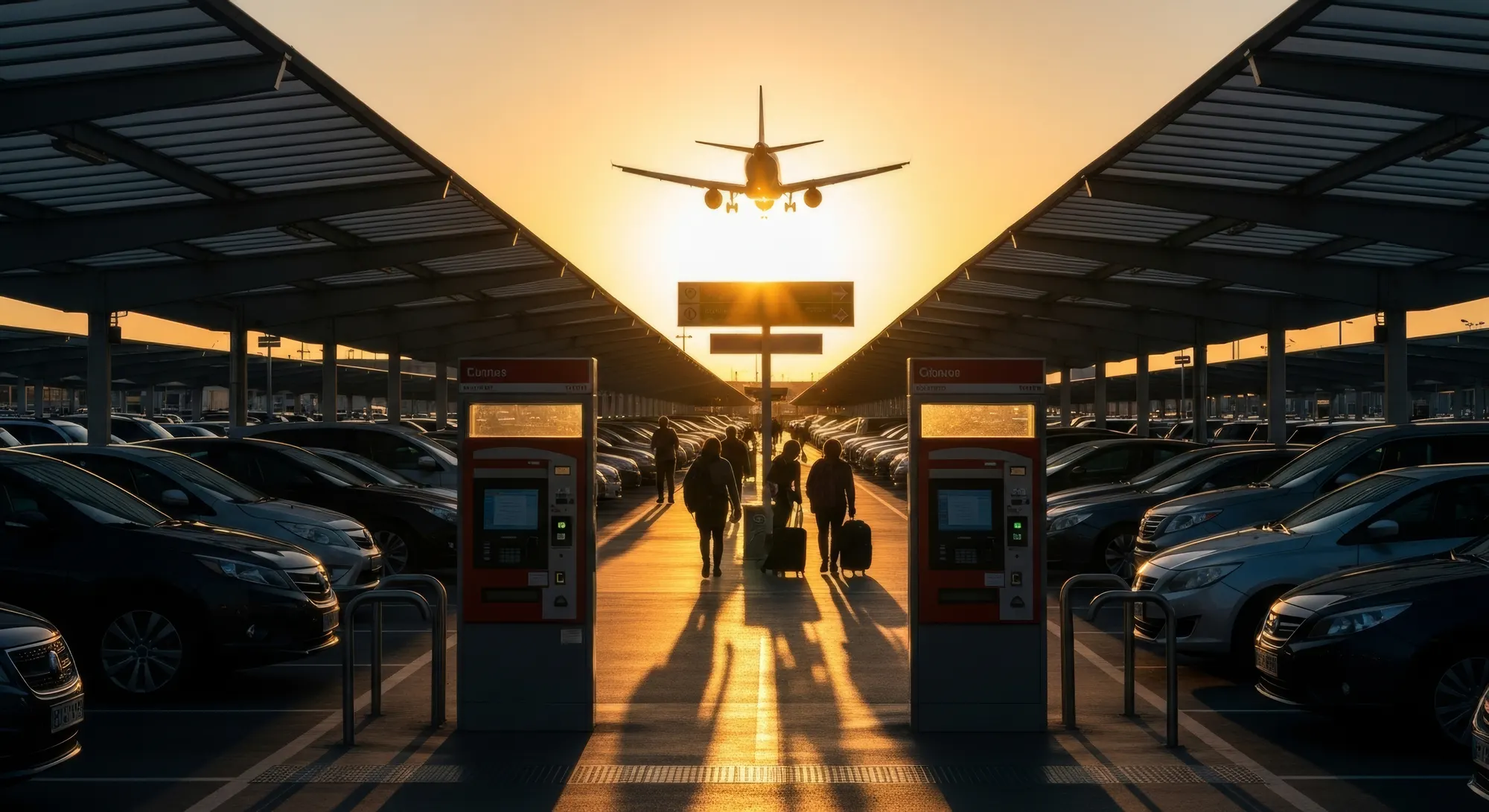 Travellers with luggage walking under the covered parking canopy at sunset