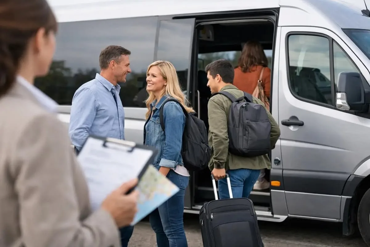 Smiling travelers with luggage boarding the airport shuttle